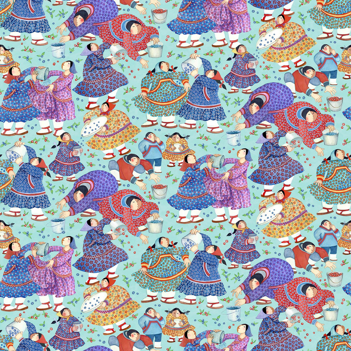 Berry Pickers, Women & Children-Turquoise Quilting Fabric