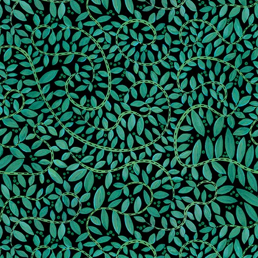 Folkscapes Fern Fabric Teal on Black Fabric by the 1/4 Yard by Benartex