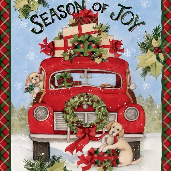 Springs Creative Christmas Red Truck & Puppies Cotton Fabric - "Season of Joy" Panel