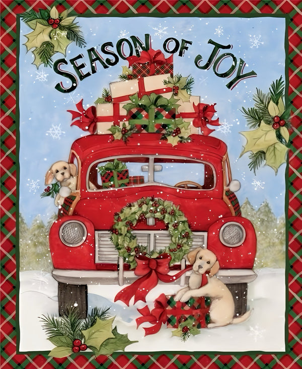 Springs Creative Christmas Red Truck & Puppies Cotton Fabric - "Season of Joy" Panel