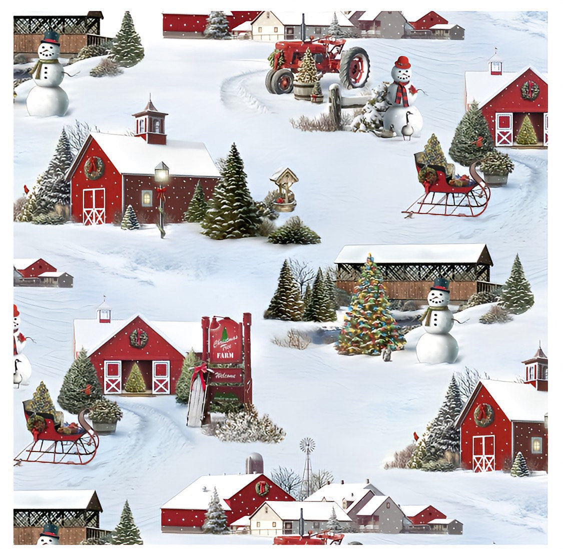 Timeless Treasures Winter Village & Snowman Allover Cotton Fabric | Christmas Farm Scene