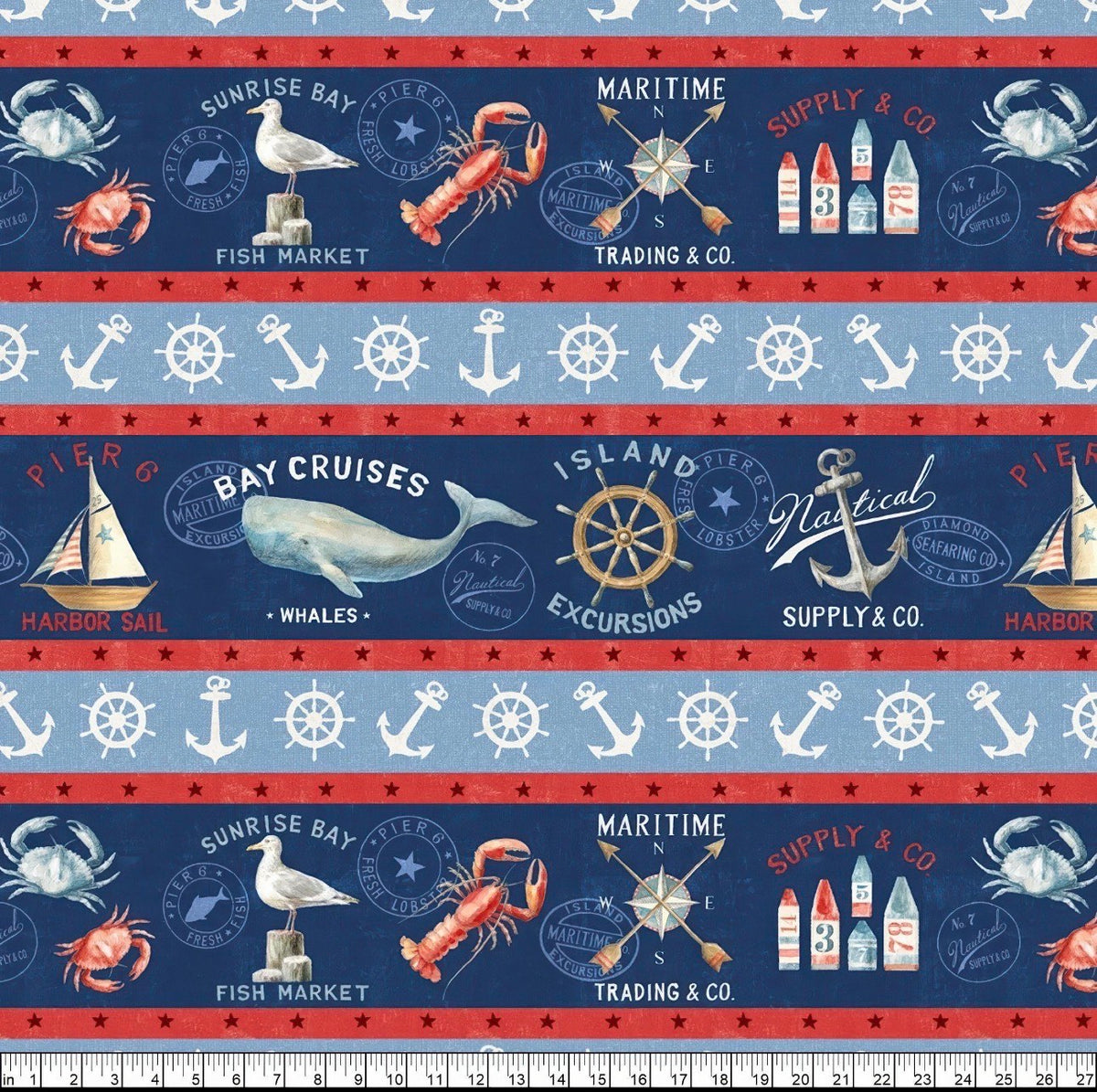 At The Helm Border Stripe Fabric by the 1/4 Yard by Wilmington Prints