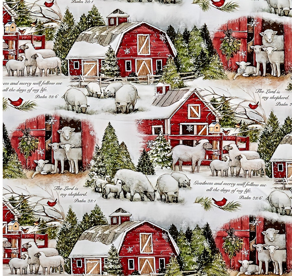 Springs Creative Winter Barn & Sheep Scripture Allover Cotton Fabric
