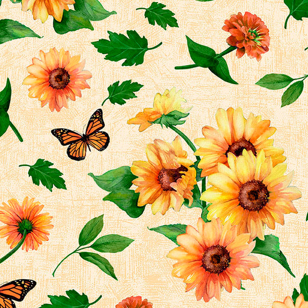 Sunshine Whispers - "Sunflower and Butterfly Toss on Cream" - Fabric by the 1/4 Yard