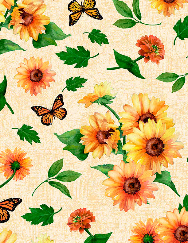 Sunshine Whispers Sunflower and Butterfly Toss Cream quilting fabric by Wilmington Prints