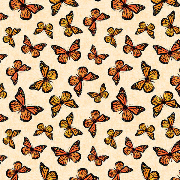 Sunshine Whispers - "Monarch Butterfly Toss on Cream" - Fabric by the 1/4 Yard