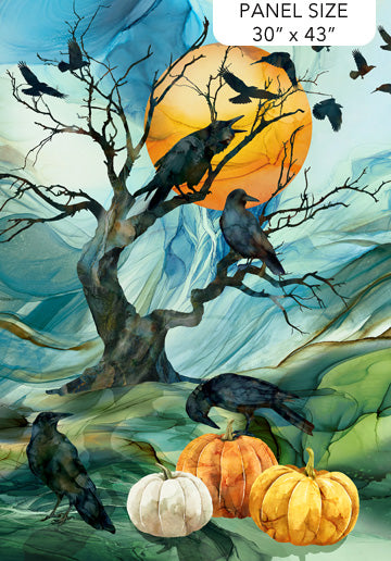 Raven's Call 30 x 43 inch raven and pumpkin fabric panel by Northcott
