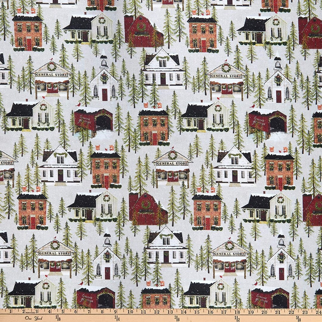 Benartex Winter Village Christmas Allover Cotton Fabric - Houses, Church & General Store