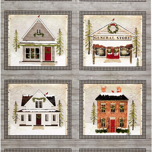 Benartex Christmas Winter Village Panel Fabric - Houses, Barn, Covered Bridge