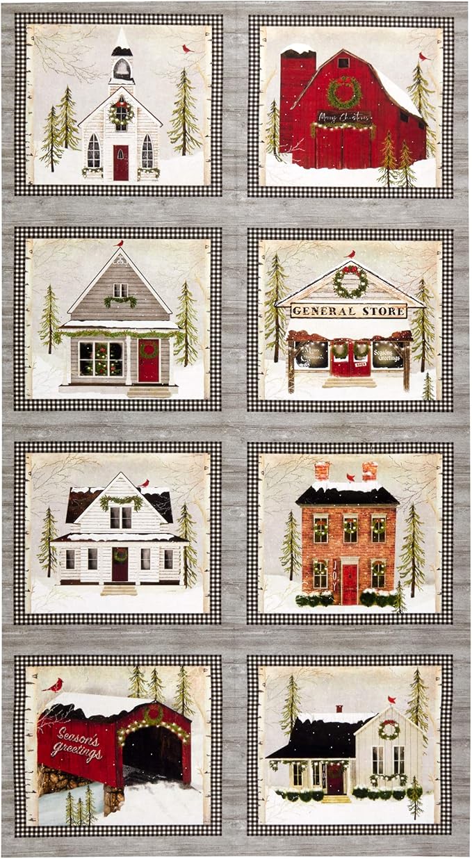 Benartex Christmas Winter Village Panel Fabric - Houses, Barn, Covered Bridge