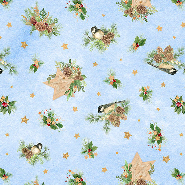 "Birds & Pine Toss Light Blue" - Fabric by the 1/4 Yard