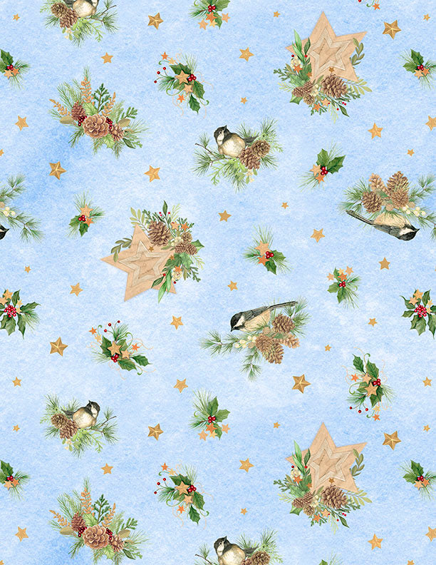 "Birds & Pine Toss Light Blue" - Fabric by the 1/4 Yard by Wilmington Prints