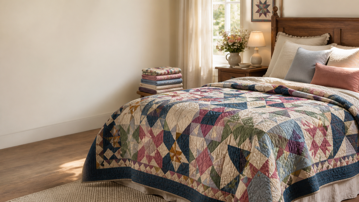 Handmade patchwork quilt displayed on a warm sunlit bed
