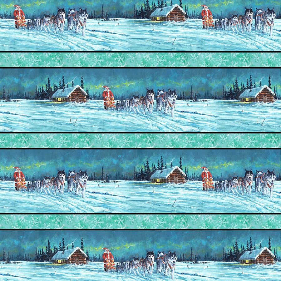 Santa's Siberians Scenic Border Stripe Fabric by the 1/4 Yard by P & B Textiles